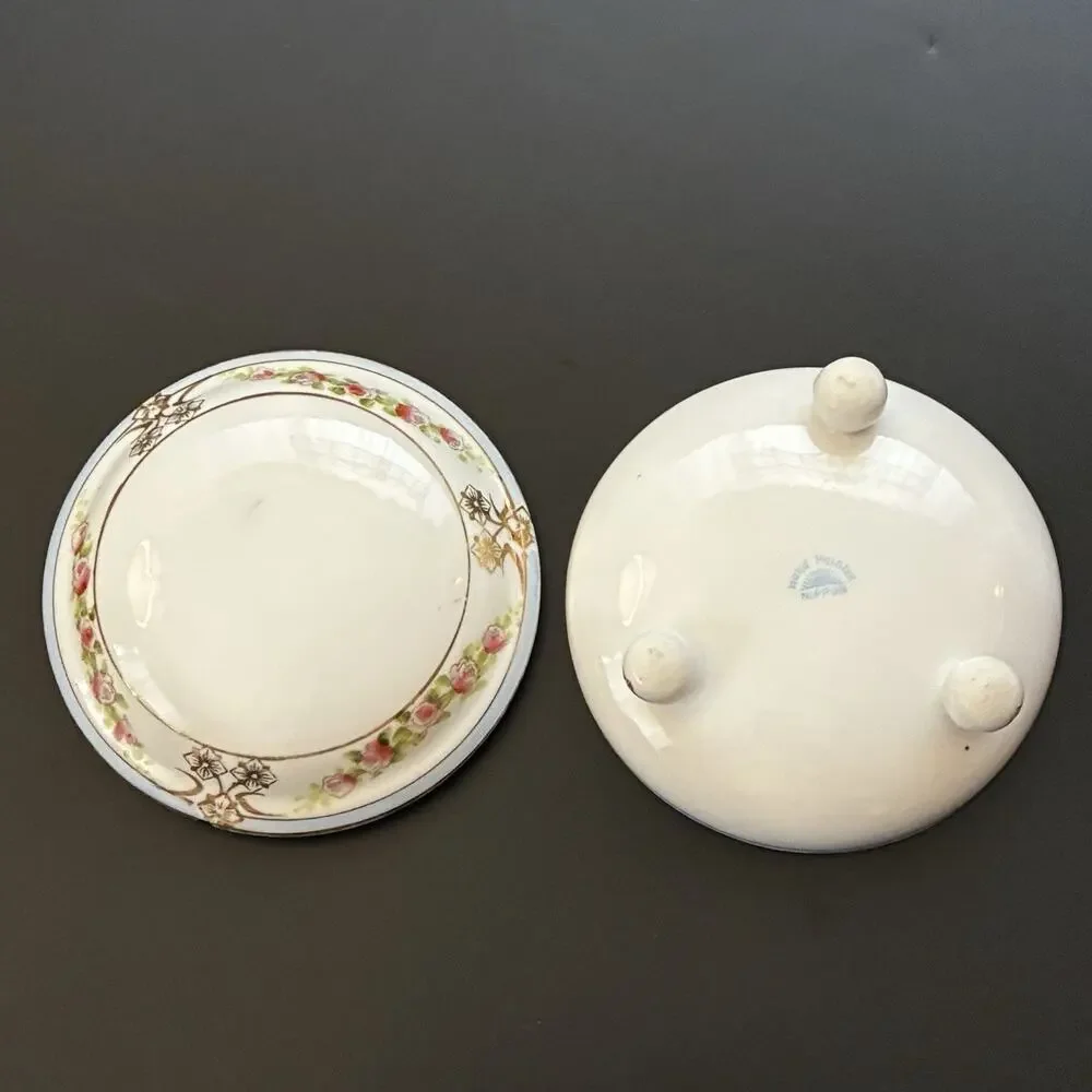 Antique Nippon Footed Covered Dish Hand Painted Roses Rising Sun Mark Japan